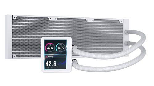 Refroidisseur liquide pour processeur blanc avec un écran LCD intégré affichant la température du CPU et la vitesse du ventilateur. Il dispose de deux tuyaux blancs tressés.