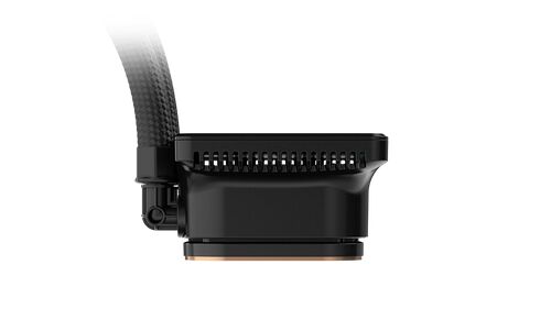 Une vue latérale d'un refroidisseur liquide pour processeur (AIO) noir avec un tuyau flexible et une base en cuivre visible.