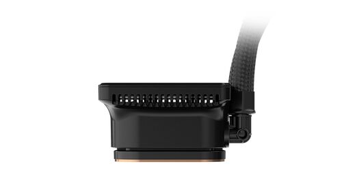 Une vue de profil d'un composant électronique noir avec un connecteur vertical texturé, présenté sur un fond noir.