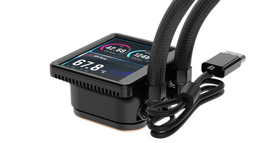 Un kit de refroidissement liquide pour PC avec un écran LCD intégré affichant les températures du CPU et du GPU, ainsi que la vitesse du ventilateur. Il dispose de tuyaux tressés noirs.
