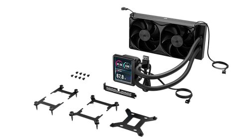 Refroidisseur liquide Corsair avec un radiateur à deux ventilateurs et un écran LCD affichant des informations système, accompagné de ses supports de montage.