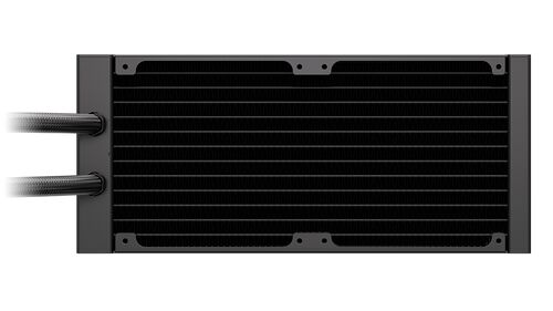 Radiateur de refroidissement liquide noir avec deux tuyaux de connexion sur le côté gauche.