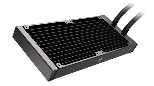 Radiateur de watercooling pour PC de marque Corsair, de couleur noire avec deux tuyaux tressés.