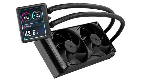 Watercooling CPU Corsair avec un écran LCD affichant la température du processeur et la vitesse du ventilateur, accompagné de deux ventilateurs noirs.