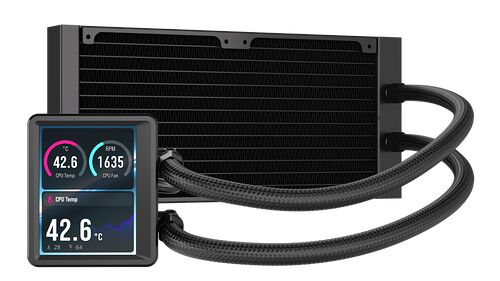 Refroidisseur liquide pour PC avec un écran LCD intégré affichant la température du processeur et la vitesse du ventilateur. Le système comprend un radiateur noir et des tuyaux tressés.
