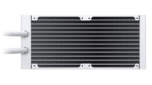 Radiateur de watercooling blanc avec deux tuyaux flexibles sur le côté gauche.
