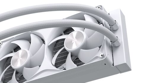 Refroidissement liquide blanc avec deux ventilateurs blancs et des tuyaux tressés, conçu pour le refroidissement d'un processeur.