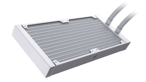 Radiateur de refroidissement liquide blanc avec deux tuyaux flexibles, conçu pour le refroidissement d'un processeur.