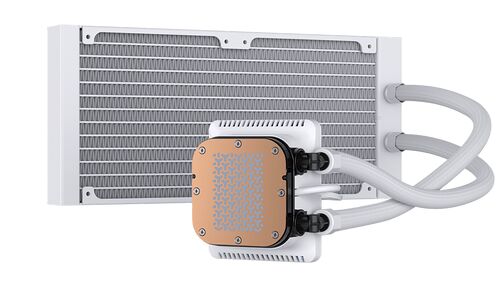 Refroidisseur liquide pour PC avec un radiateur blanc et une pompe au dessus avec une plaque en cuivre.