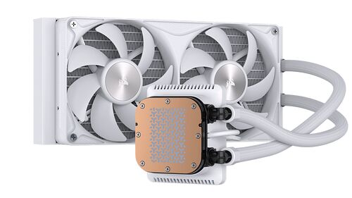 Refroidisseur liquide Corsair blanc avec deux ventilateurs et une plaque de contact en cuivre.