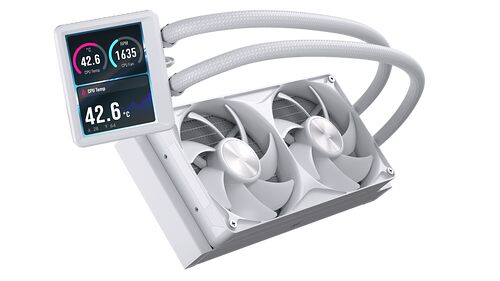 Watercooling AIO blanc avec un écran LCD affichant la température du CPU à 42.6°C et la vitesse du ventilateur à 1635 RPM. Le système comprend un radiateur avec deux ventilateurs blancs et des tuyaux blancs.