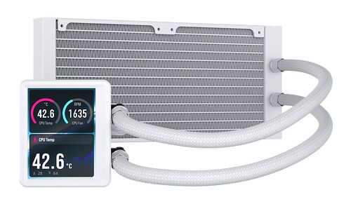 Refroidisseur liquide AIO blanc avec un écran LCD intégré affichant la température du CPU et la vitesse du ventilateur.