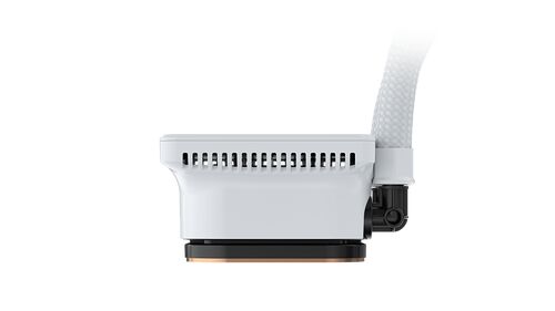 Un refroidisseur CPU blanc avec un tuyau flexible, présenté sur un fond noir.