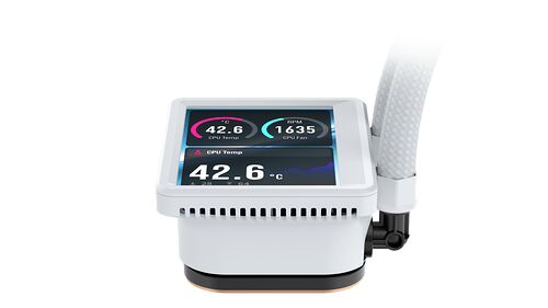 Watercooling AIO blanc avec un écran LCD intégré affichant la température du CPU à 42.6 °C et la vitesse du ventilateur à 1635 RPM.