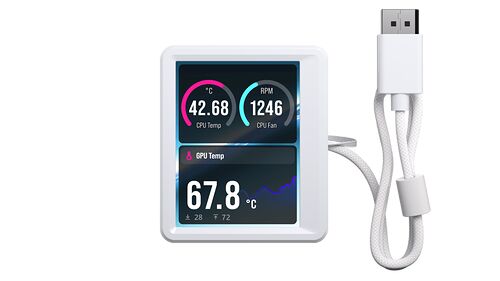 Écran de contrôle PC affichant les températures du CPU (42.68 °C) et du GPU (67.8 °C) ainsi que la vitesse du ventilateur (1246 RPM), relié par un câble USB blanc.