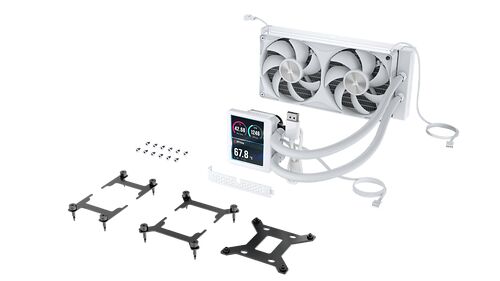 Refroidisseur liquide AIO blanc avec deux ventilateurs et un écran LCD affichant des données de température, accompagné de divers supports de montage.