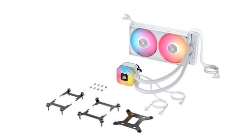 Kit de refroidissement liquide Corsair blanc avec deux ventilateurs RGB et son bloc de refroidissement CPU.