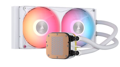 Watercooling Corsair blanc avec deux ventilateurs RGB colorés et un bloc de refroidissement avec une plaque en cuivre.