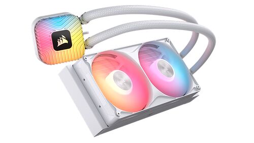 Refroidisseur liquide Corsair blanc avec deux ventilateurs RGB et un bloc de pompe lumineux.