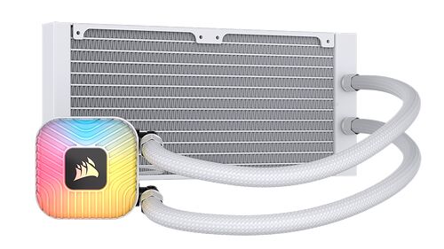 Refroidisseur liquide Corsair avec un radiateur blanc et une pompe carrée dotée d'un éclairage RGB multicolore.