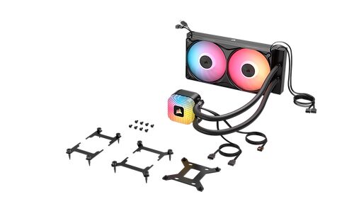 Refroidisseur liquide Corsair avec deux ventilateurs à éclairage RGB et sa pompe de refroidissement.