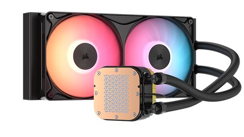 Refroidisseur liquide Corsair avec deux ventilateurs à éclairage RGB multicolore et un bloc de refroidissement au fini doré.