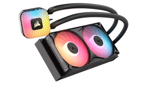 Refroidissement liquide Corsair avec un bloc pompe et deux ventilateurs rétroéclairés en RGB. Les tuyaux noirs relient le bloc à un radiateur équipé de deux ventilateurs colorés.