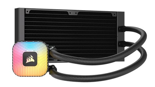 Refroidisseur liquide Corsair avec un bloc de refroidissement affichant un éclairage RGB multicolore et un radiateur noir.