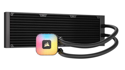 Refroidisseur liquide Corsair avec un bloc de refroidissement affichant un éclairage RGB multicolore et un radiateur noir.