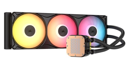 Refroidissement liquide Corsair avec un radiateur de trois ventilateurs rétroéclairés en RGB et une pompe avec un capot en cuivre.
