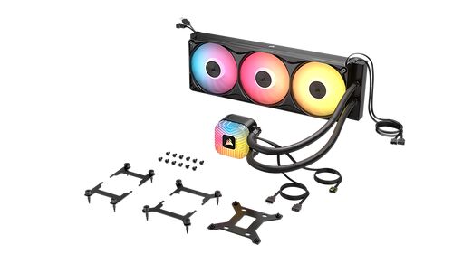 Watercooling AIO Corsair avec trois ventilateurs à éclairage RGB multicolore et son kit de montage.