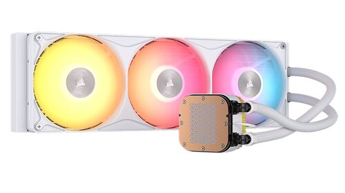 Refroidisseur liquide Corsair avec trois ventilateurs RGB colorés et un bloc de refroidissement au fini cuivré.