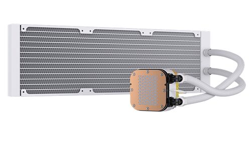 Un kit de refroidissement liquide avec un grand radiateur blanc et une pompe à base de cuivre, reliés par des tuyaux blancs.