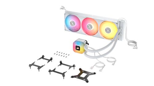 Kit de watercooling AIO Corsair avec un radiateur blanc équipé de trois ventilateurs RGB et une pompe lumineuse, accompagné de supports de montage.