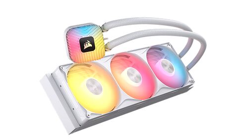 Refroidisseur liquide Corsair avec un bloc de refroidissement RGB et trois ventilateurs lumineux assortis.