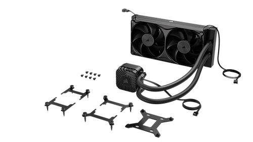 Refroidisseur liquide Corsair avec deux ventilateurs noirs et ses accessoires de montage pour PC.