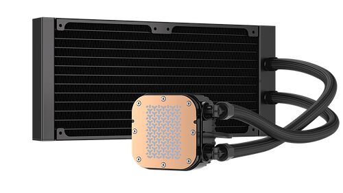 Refroidissement liquide avec un radiateur noir et une pompe au dessus dont la plaque de contact est en cuivre.