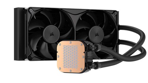 Refroidissement liquide Corsair avec deux ventilateurs noirs et un bloc de refroidissement au dessus avec une plaque en cuivre.