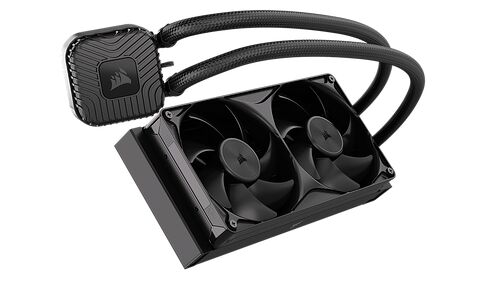 Refroidisseur liquide Corsair avec un radiateur à deux ventilateurs et des tuyaux tressés noirs.