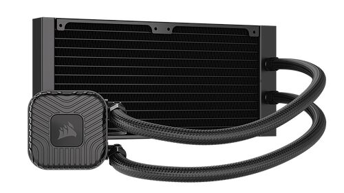 Refroidisseur liquide Corsair avec un radiateur noir et des tuyaux tressés noirs.