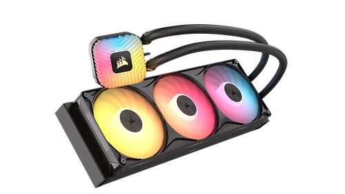 Refroidisseur liquide Corsair avec un bloc de refroidissement et trois ventilateurs dotés d'un éclairage RGB multicolore.
