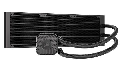 Refroidisseur liquide Corsair avec un radiateur noir et des tuyaux tressés noirs.