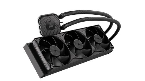 Refroidisseur liquide Corsair avec un radiateur de trois ventilateurs noirs et des tuyaux tressés.