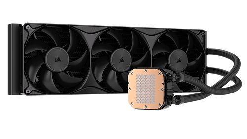 Refroidisseur liquide Corsair avec un radiateur à trois ventilateurs noirs et une pompe au dessus avec une plaque en cuivre.