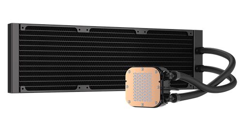 Refroidisseur liquide (AIO) avec un grand radiateur noir et une pompe au dessus d'un bloc en cuivre.