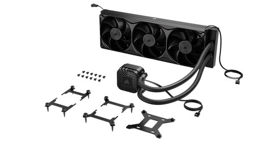 Refroidisseur liquide Corsair avec trois ventilateurs noirs et ses accessoires de montage pour processeur.