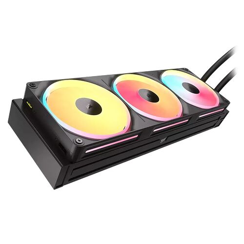 Refroidisseur liquide pour PC avec trois ventilateurs dotés d'un éclairage RGB multicolore et deux tuyaux de raccordement noirs.