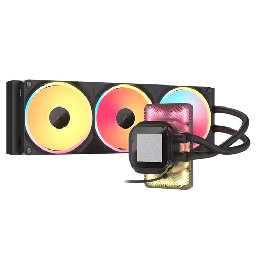 Refroidissement liquide AIO avec trois ventilateurs à éclairage RGB multicolore et un bloc de refroidissement CPU assorti.