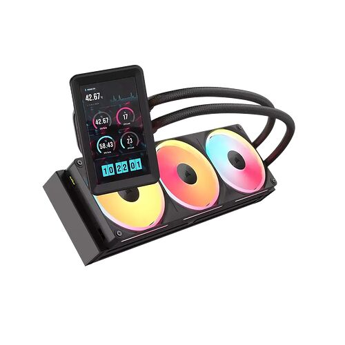 Un système de refroidissement liquide avec un radiateur équipé de trois ventilateurs RGB et un écran LCD intégré affichant les températures du processeur et de la carte graphique.