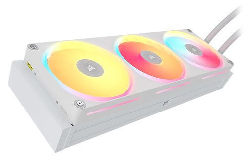 Radiateur de watercooling Corsair blanc avec trois ventilateurs à éclairage RGB multicolore.